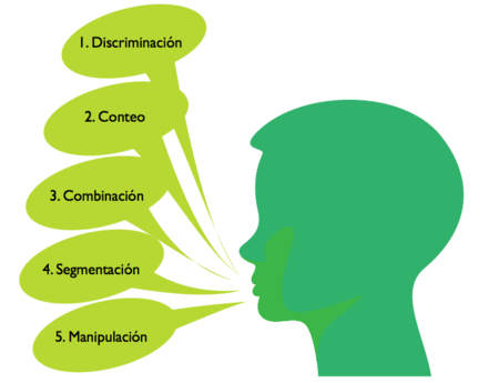 Imagen que muestra la progresión para la enseñanza de la conciencia fonológica, que incluye: 1. Discriminación, 2. Conteo, 3. Combinación, 4. Segmentación, y 5. Manipulación.