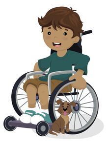 Niño en silla de ruedas con perro pequeño