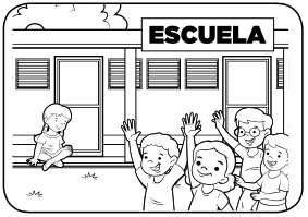 Niños levantan manos mientras niña está sentada frente a la escuela.jpg