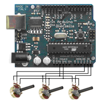 Arduino ATmega con tres potenciómetros conectados en últimos 3 pines analógicos