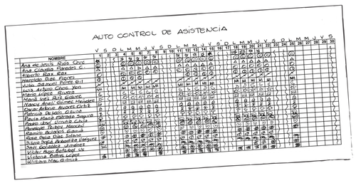 Imagen de una tabla de autocontrol de asistencia que muestra los nombres de los estudiantes en la primera columna y las fechas del mes en la primera fila.